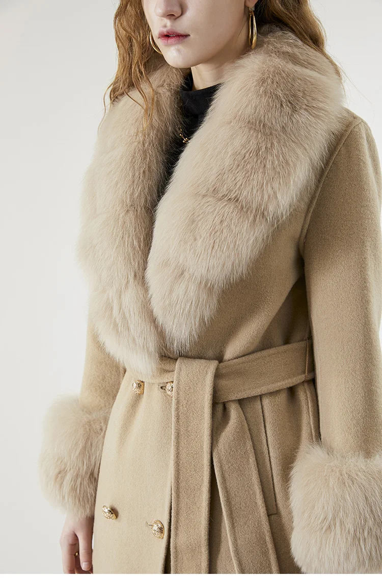 2022 X-long Real Fur Coat Belt Winter Jacket Cashmere Wool Blends Women Natural Fox Fur Collar Streetwear Outerwear