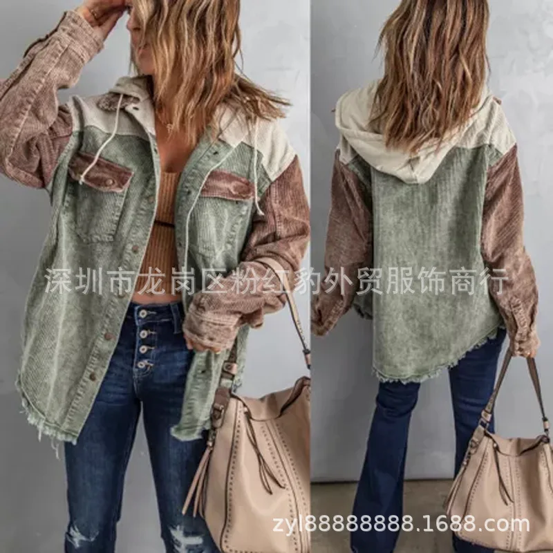 

2022 Fashion Hooded Washed Distressed Pit Strip Stitching Jacket Hoodies Long Sleeve Jackets for Women Blusas