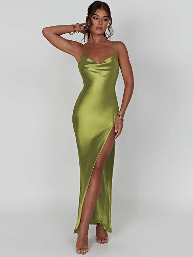 

Элегантные летние вечерние платья без рукавов с открытой спиной и высоким разрезом, женское летнее привлекательное облегающее атласное длинное платье, цвет белый/зеленый, 2023