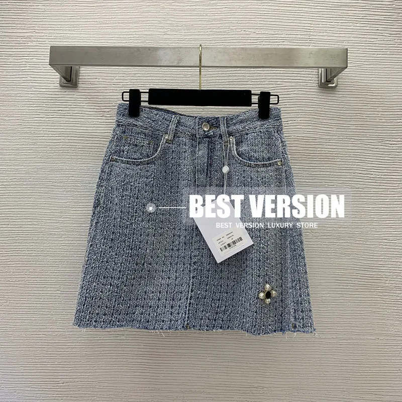 

Best Version 2022 Runway Luxury Designer Women Color Embroidery Logo Letter 5 Brooch Sexy A-Line Denim Mini Skirt Hippie Skirts