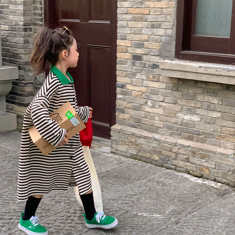 

Новинка осени 2022, детская одежда, корейское Полосатое Платье-поло для девочек, Повседневное платье с длинным рукавом 2-37