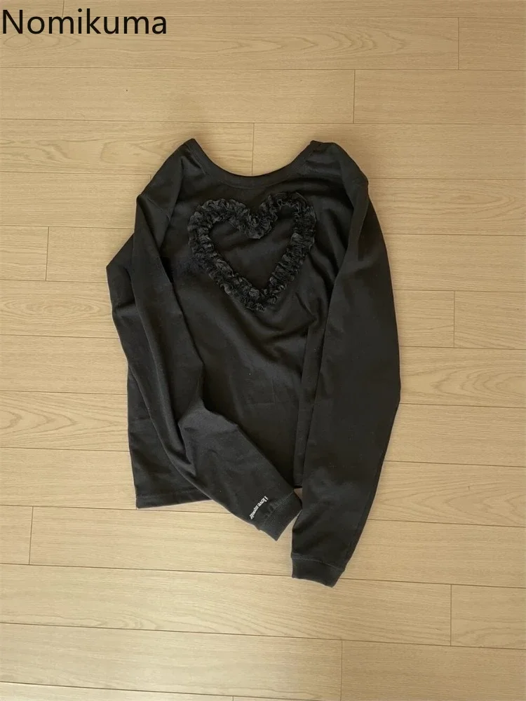 Уличная одежда Y2k Футболки Женская с длинным рукавом и круглым вырезом Кружева Love