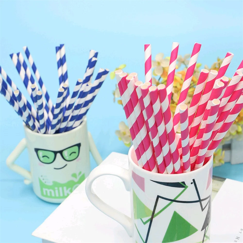 

100Pcs Biodegradable Disposable Stripes Paper Straws Colorful Stripes Drinking Straws Wedding Birthday Baby Shower Party Decor