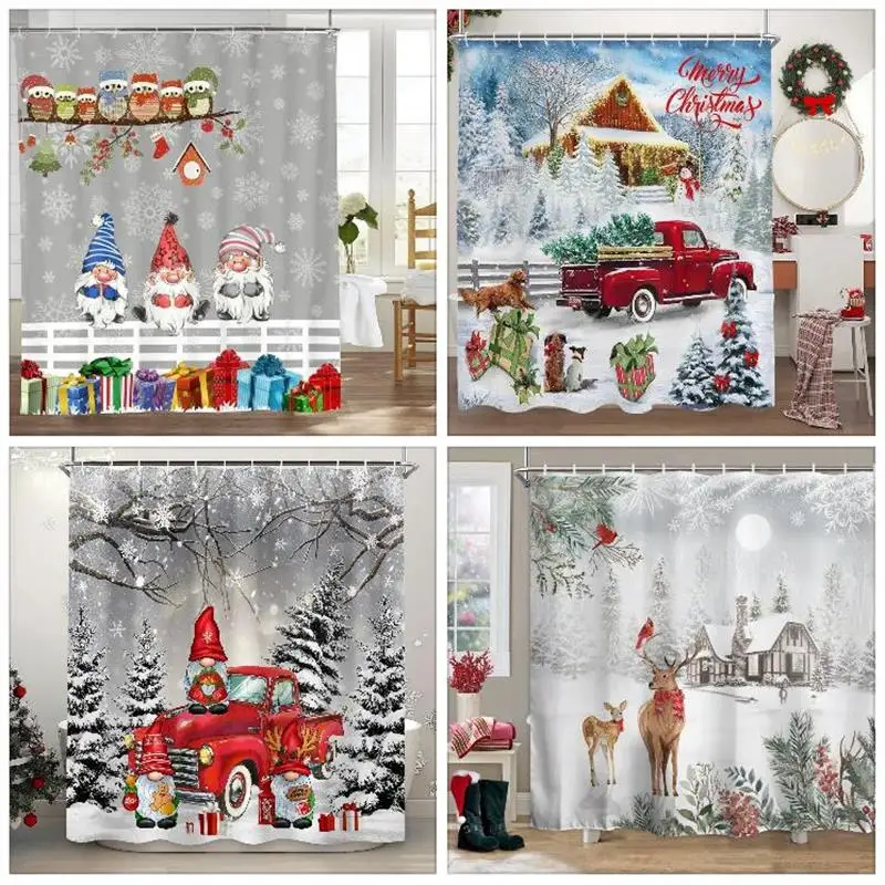 

Christmas Theme Shower Curtain Red Truck Christmas Tree Gift Deer Red Bird Pinecone Snow Scene Baths Curtain Bathroom Decoration