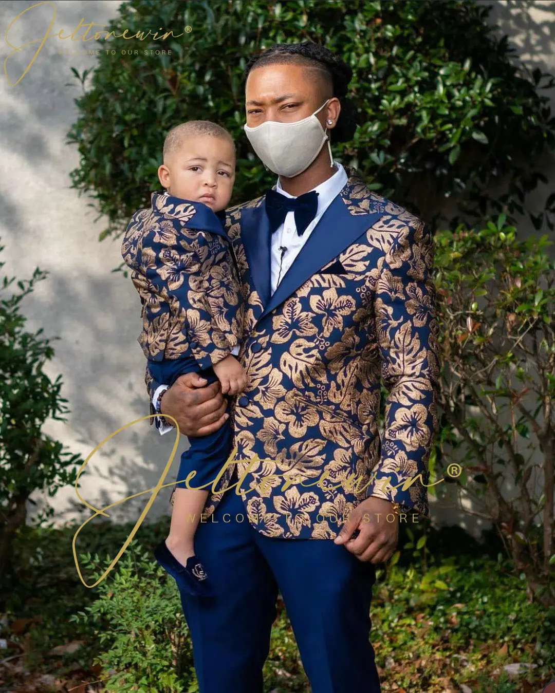 2022 Floral Navy Blue Boys Suit 2 Piece Wedding Tuxedo Child Formal Jacket Pants Kids Party Suits Blazer Set Outfit Costume