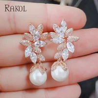 rakol vintage elegant flower cubic zirconia stone crystal imitation pearls drop earrings for women bridal wedding ear jewelry