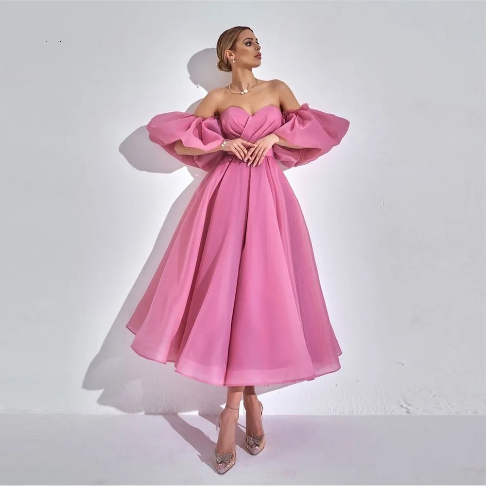 

Simple Hot Pink Organza Evening Dresses Sweetheart Pleats Short Puff Sleeves Midi Prom Party Dress Bride Formal Gown