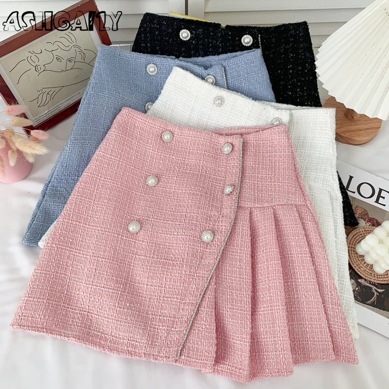 

Ashgaily Tweed Skirts for Women High Waist Skirts Autumn Spring 2022 Buttons Double Breasted Tweed Wool Mini Skirt