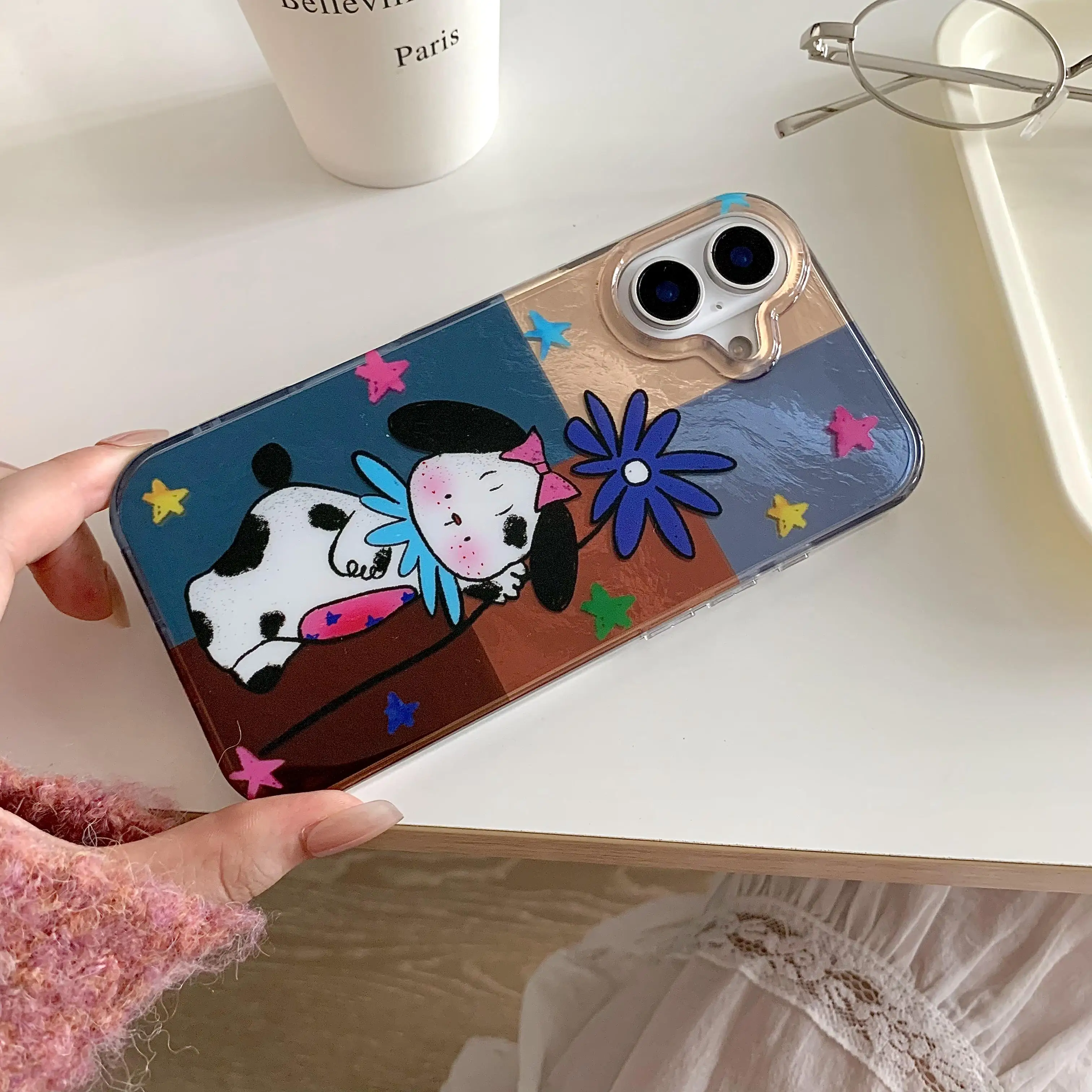 Cartoon INS Ripple Texture Double Layer Dog Splicing Checkers Phone Case for iPhone 16 15 14 13 Pro Max Back Cover Capa