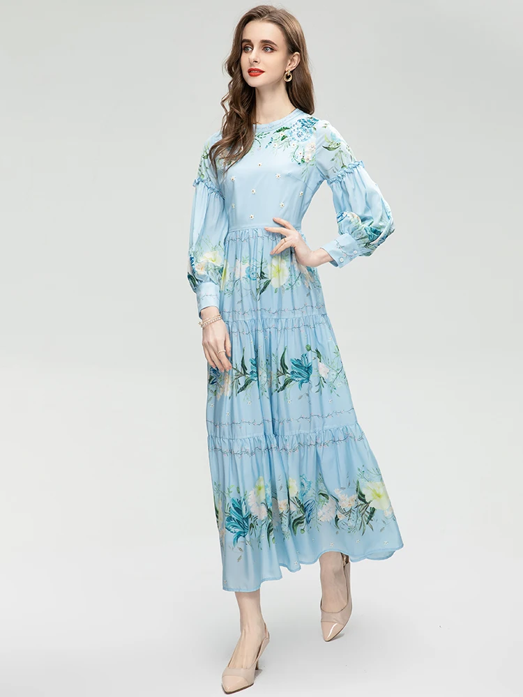 

MoaaYina, модное дизайнерское платье, весеннее женское платье с рукавами-фонариками, бисером, цветочным принтом, синее, элегантное, праздничное, вечерние, платья