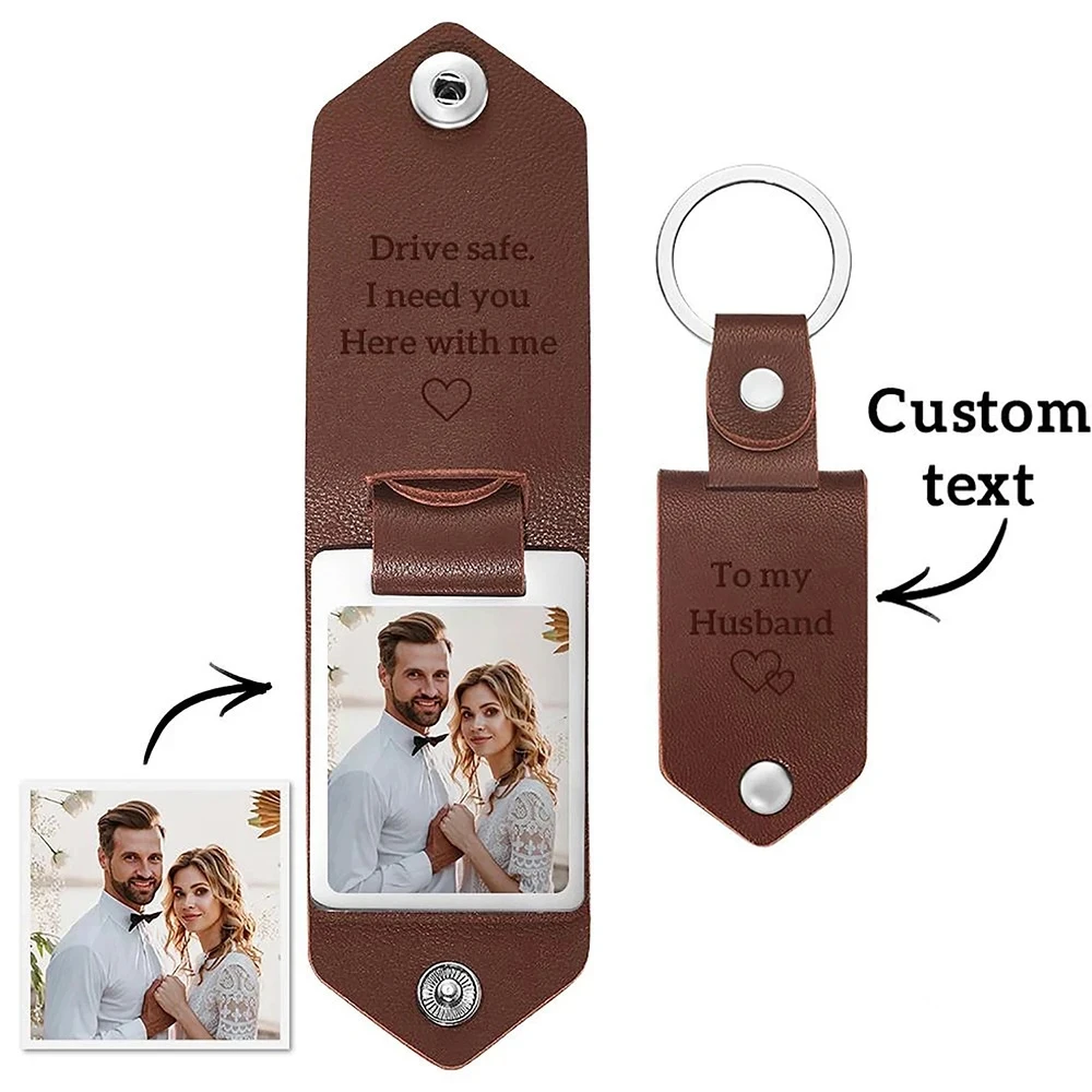 2023 New Personalize Custom UV Color Printing Picture Engraved Text Leather Stainless Steel Fashion Keychain Father's Day Gift