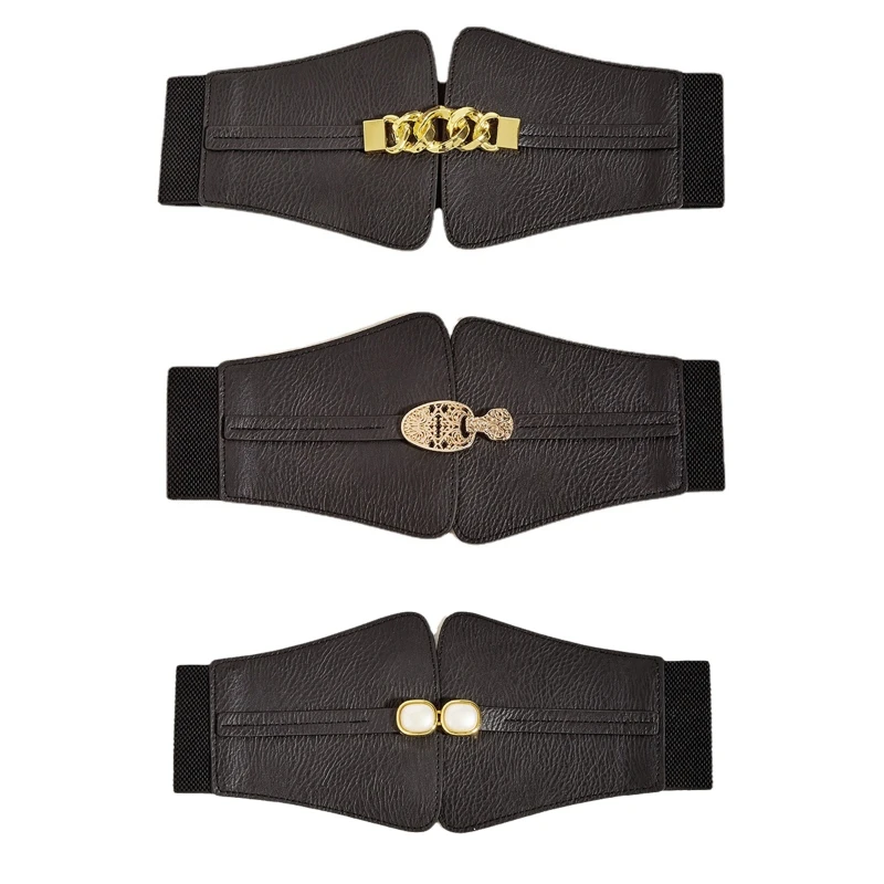 

Vintage Women Faux Leather Buckle Elastic Wide Belt Strap Solid Color Waistband Waist Corset for Women Slimming Belt