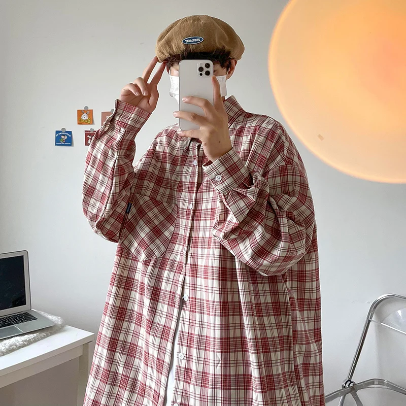 

Рубашка-карго Hybskr в клетку с длинным рукавом, Мужская мешковатая однобортная Свободная блузка большого размера, Мужская Уличная одежда Y2k, рубашка с лацканами