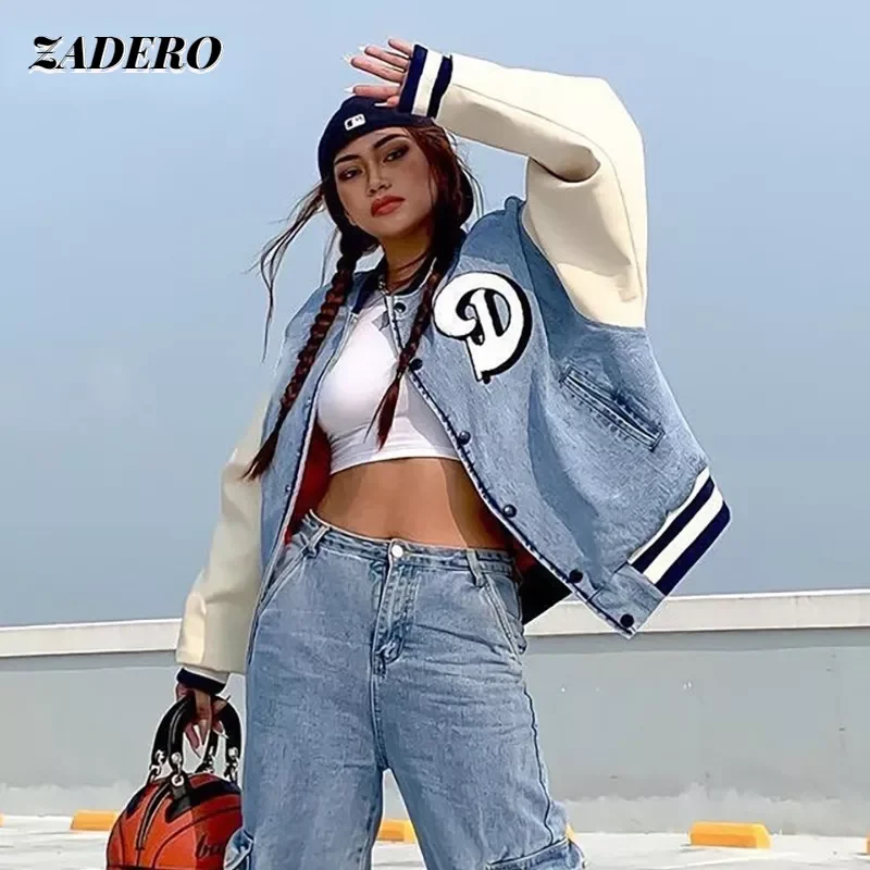 

2022NEW Denim Baseball Varsity Jackets Women 2021 Autumn Winter Long Sleeve Fashion Vintage Letter print Blue Y2K Coat Bomber