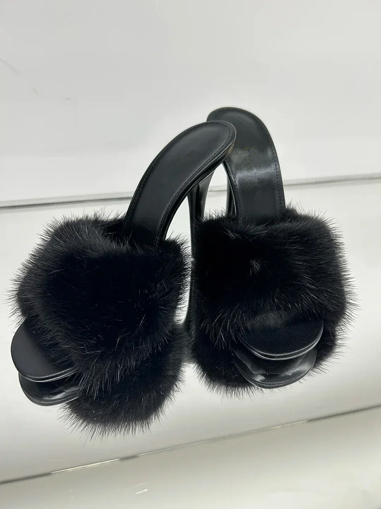 Женские туфли на высоком каблуке из меха норки тонкие каблуки Летний Новый Стиль