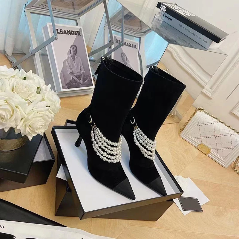 Женские эластичные ботинки с жемчужным декором роскошные брендовые замшевые