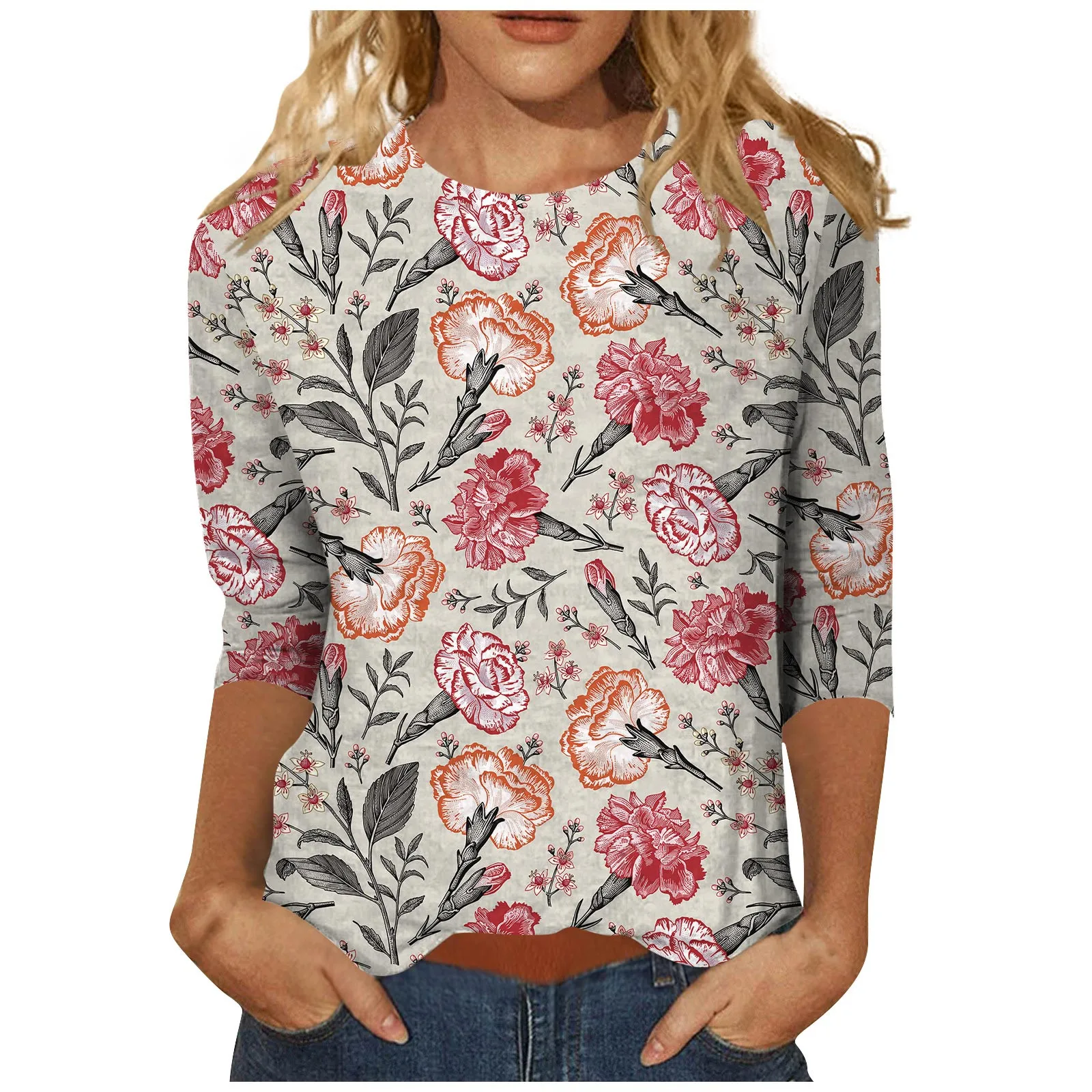 

Women'S Fashion Daily Versatile Casual Round Neck Three Quarter Sleeve Printed Top Fashion Woman Blouse 2023 T Shirt Female