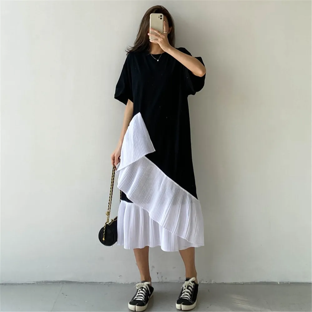 Dress Irregular Hem Stitching Slit Loose Dress Slimming Short-sleeved T-shirt Skirt Japan Korean Summer Spring New Fashion 2022