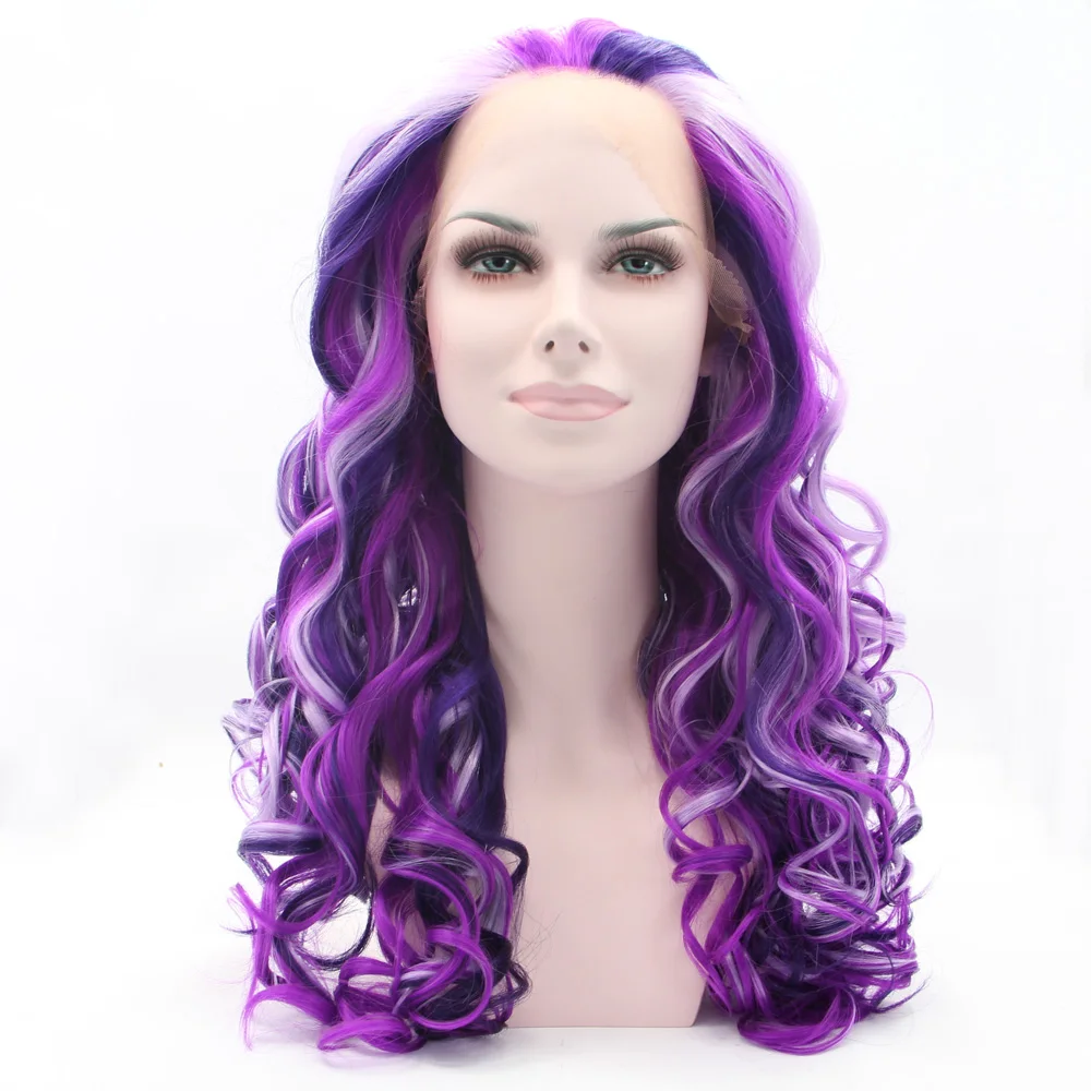 Highlight Purple Hair Mixed Light Purple Dark Purple Synthetic Lace Front Wig 13x3 Lace