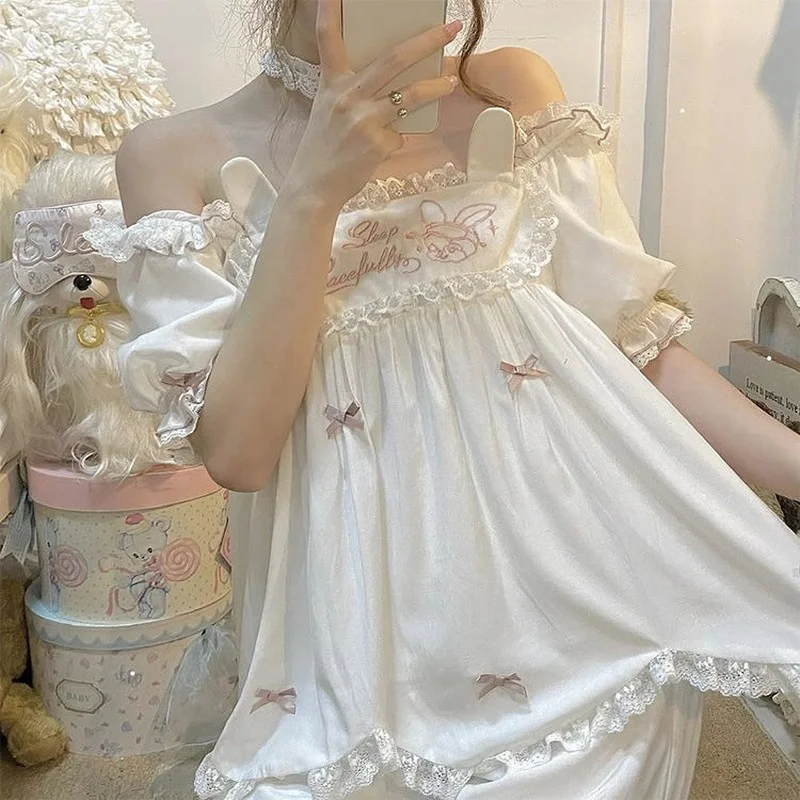 QWEEK Lolita Suits with Shorts Japanese Sweets 2 Piece Set Sleepwear Summer Kawaii Pajamas for Women Embroidery Room Wear