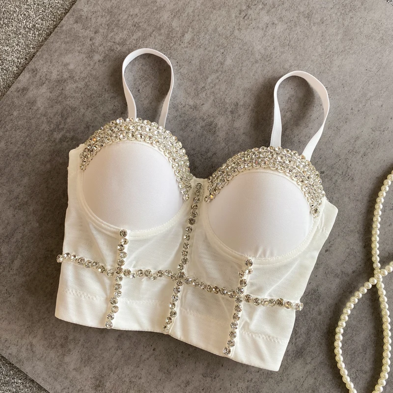 

Женский корсет для коррекции формы рыбьей кости с бриллиантовой вставкой и нагрудной подушечкой сексуальный летний топ без рукавов с открытой спиной белый однотонный майка