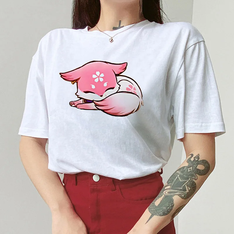 

Yae Miko Shirt Genshin Impact Graphic Tees Hot Game O-Neck 100% Cotton EU Size Women Short Sleeve Streetwear Summer Print Casual