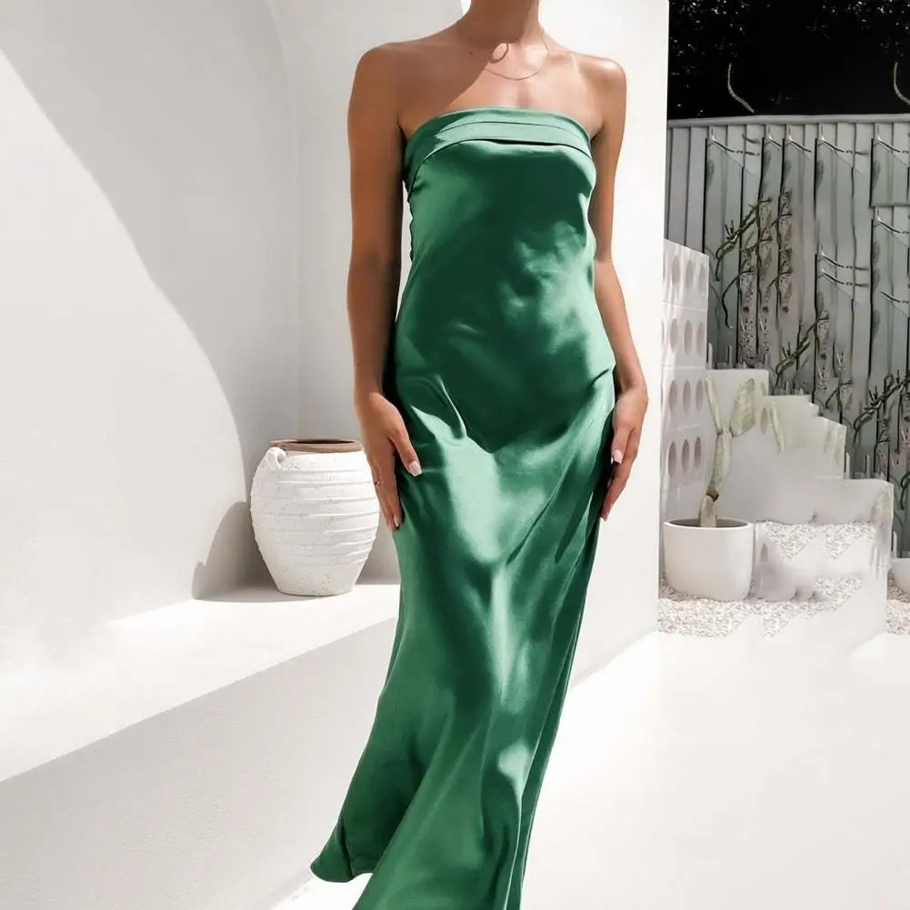 

Women Evening Dress Elegant Strapless Maxi Dress Off Shoulder Backless for Prom Banquet Wedding Soft Silk Slim Fit Evening Gown