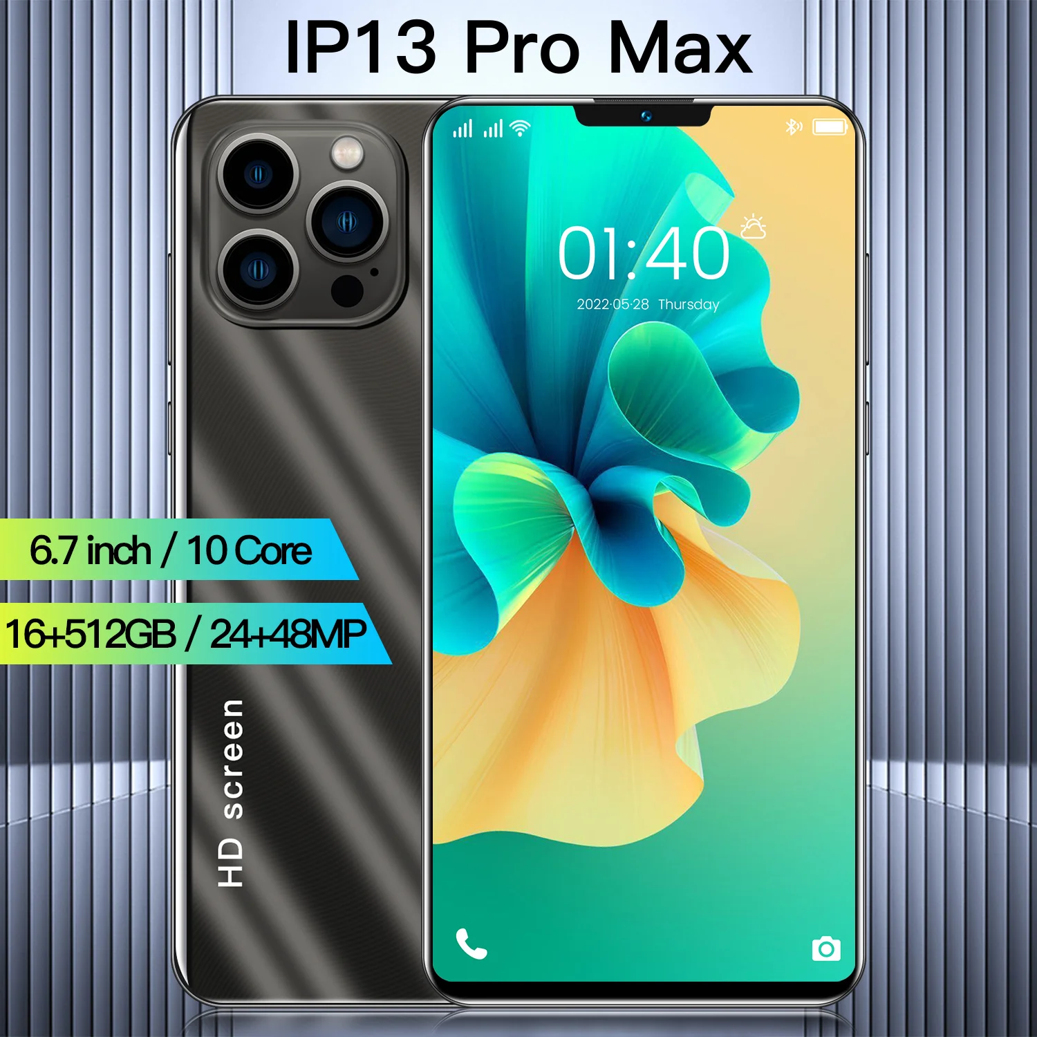 

2022 iP13 Pro Max 8+256GB 6.7 Inch 1080*2320 5000mAh 24MP+48MP Android 11.0 Smart Phone Dual SIM Face Fingerprint ID Mobilephone