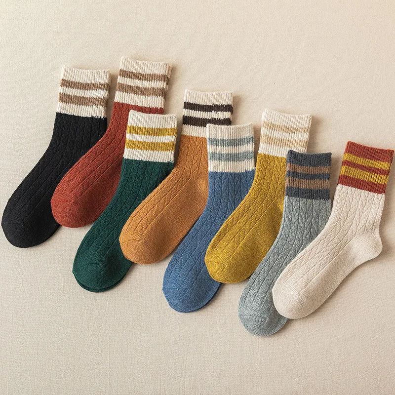 

Autumn Spring Thick Wool Cashmere Warmer Women Socks Cute Kawaii Vintage Girls Striped White Thermal Floor High Long Stockings