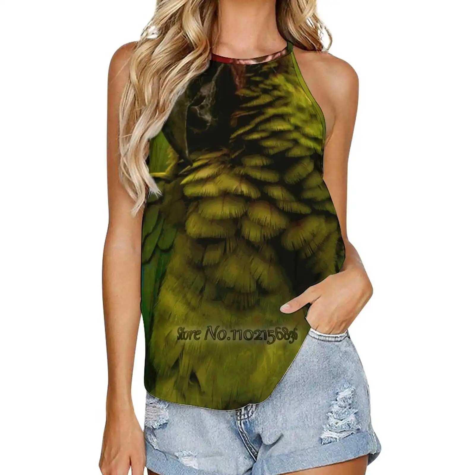 

Футболка женская в стиле милитари, топ без рукавов, повседневный элегантный зеленый пуловер, топ в стиле милитари, ара, попугай, попугай