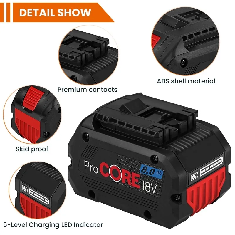 

18V 8000mAh ProCORE Ersatz Batterie für Bosch 18V Professionelle System Cordless Werkzeuge BAT609 BAT618 GBA18V80 21700 Zelle