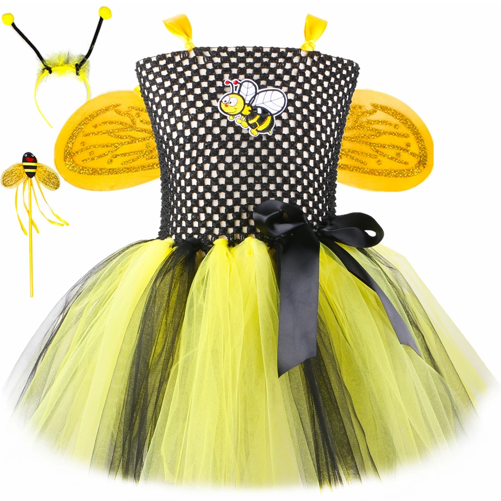

Little Bee Costume for Girls Carnival Party Fancy Tutu Dress Honeybee Cosplay Kids Halloween Costumes with Fairy Wings Headband