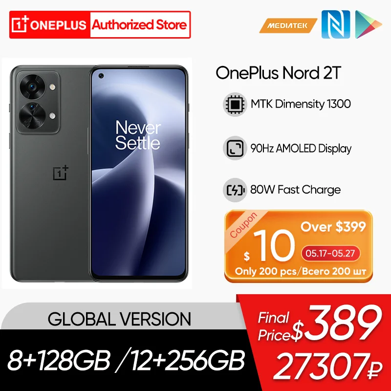 OnePlus Nord 2T Global Version MTK Dimensity 1300 5G Smartphones 8GB 128GB Mobile Phone 80W Fast Charge 90Hz AMOLED 50MP Camera