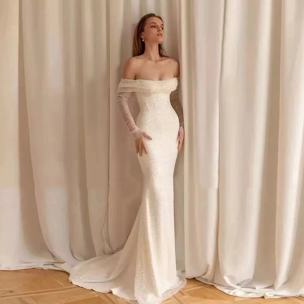 

2022 Off Shoulder Glitter Elegant Mermaid Wedding Dresses Strapless Long Shiny Sleeves Bodycon Bohemia Bridal Gowns Plus Size