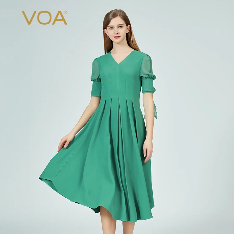 

VOA 60 Momme Heavyweight Long Sky Mulberry Silk V-Neck Stitched Georgette Silk Bubble Short Sleeve Loose Silk Dress Women AE1501