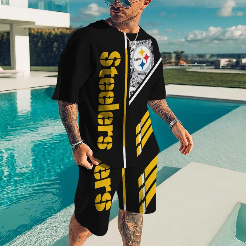 

Мужской спортивный костюм, футболка для команды регби, комплект из 2 предметов с круглым вырезом, яркие трендовые короткие комплекты с 3D-при...