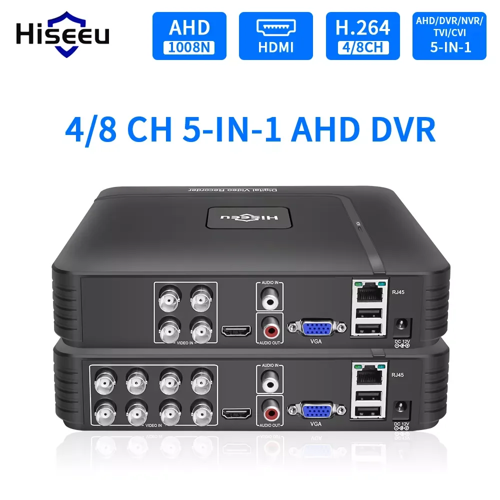 

IP-камера Hiseeu 5 в 1 для системы видеонаблюдения, цифровой видеорегистратор, 4 канала, 8 каналов, поддержка 2 МП, TVI, CVI, AHD, CVBS