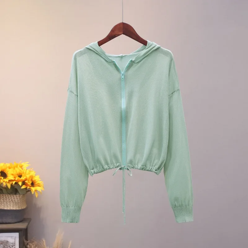 

Ice Silk Sunscreen Shirt Women's Summer Thin Hooded Lace-up Loose Knitted Blouse Short Outer Casual Cardigan Top