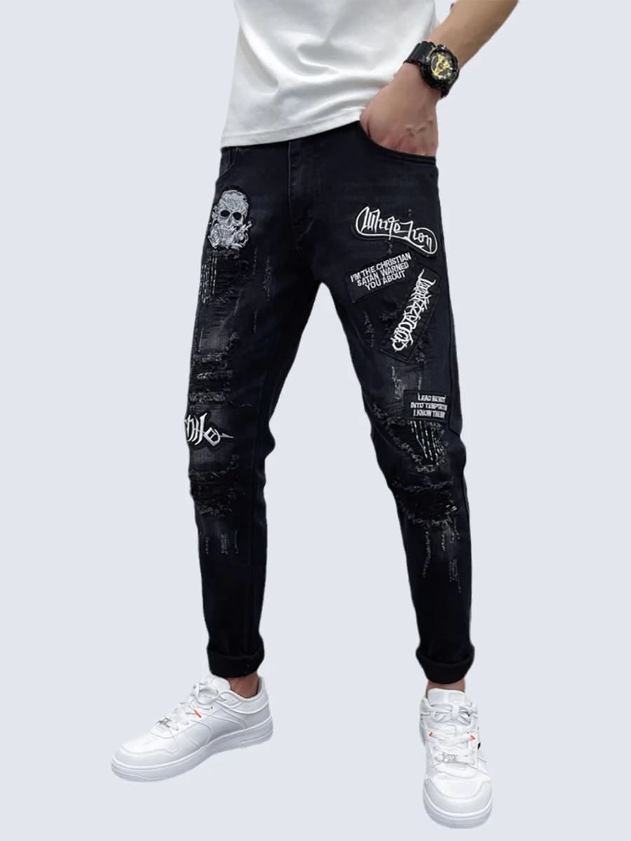 Four Seasons Punk Skull Street Jeans Men Hole Embroidery Letters Hole Harajuku Hip-hop Jeans Fashion Slim Jeans Men Ins Hot Sale