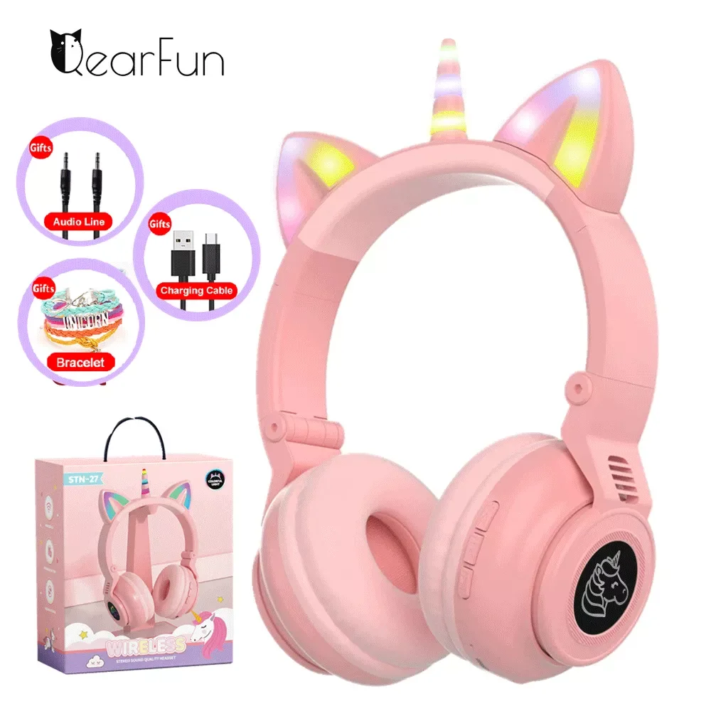 

HiFi Girls Wireless Unicorn headphones with Mic phone Stereo Bass Cute Children Music Kid Cat Bluetooth Headsets Support SD card