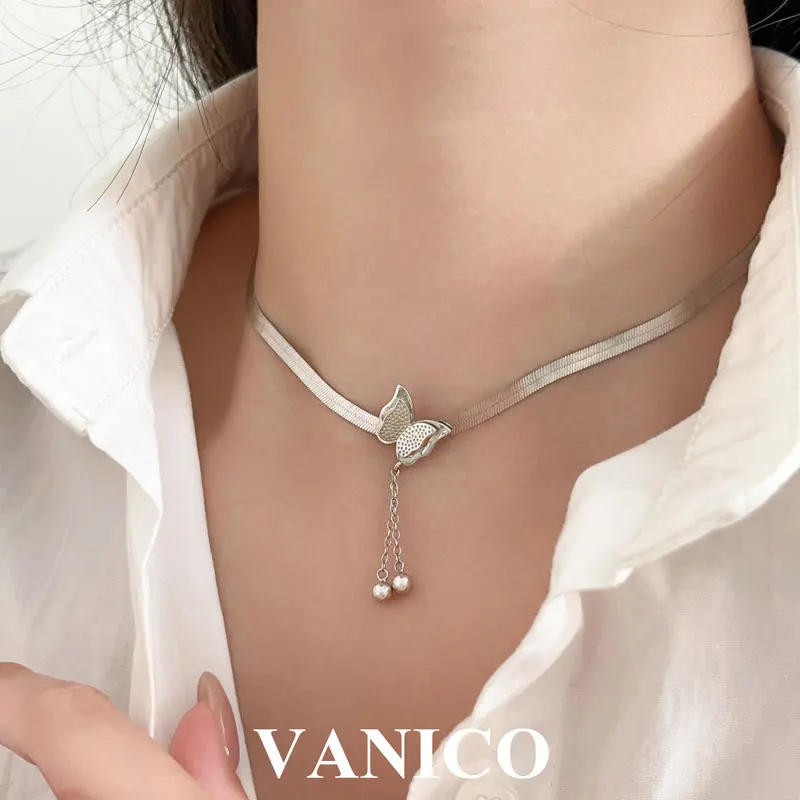 

Butterfly Herringbone Necklace 925 Sterling Silver Fashion High Shine Flat Snake Chain Butterfly Pendant Necklace for Women
