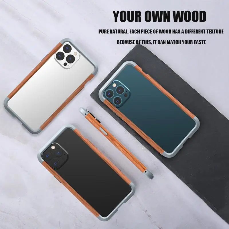Wooden Hard Frame Phone Case for Iphone 12 13 14 Pro Max Aluminum Alloy Rugged Anti Drop Frame for Iphone 13 Protective Shell