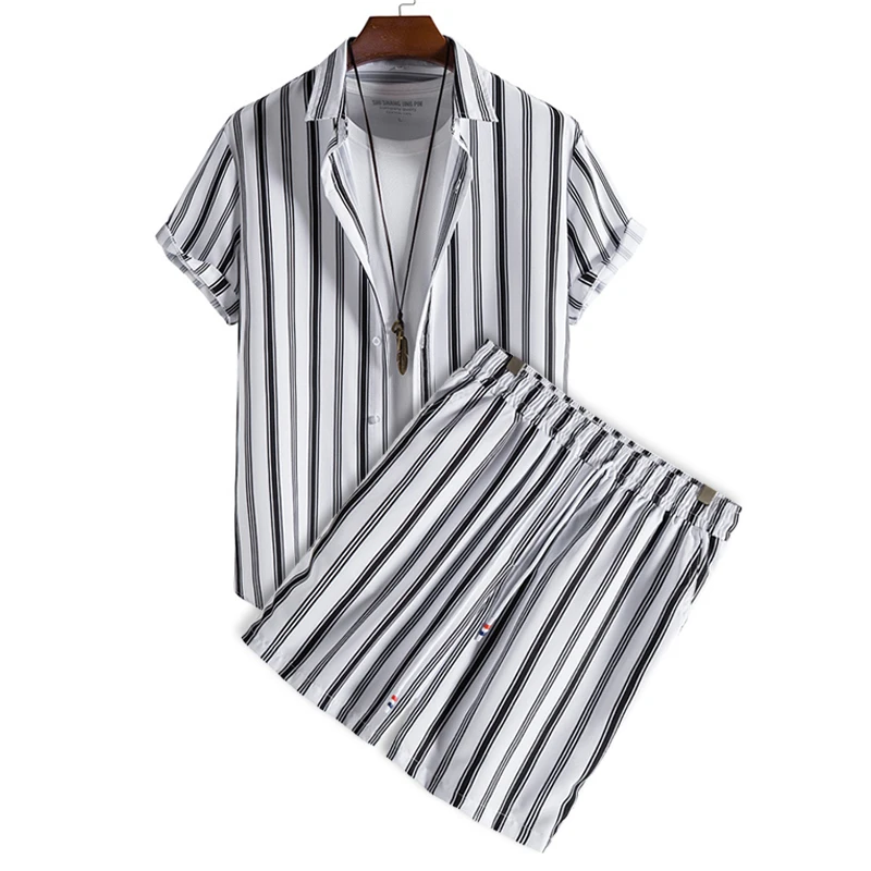 

Summer Hawaiian Sets For Mens Black White Vertical Striped Casual 2 Piece Outfits Short Sleeves Shirt And Drawstring Shorts Set