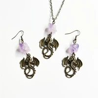 3pcsset bronze dragon earrings dangle purple crystal earrings fantasy jewelry dragon jew