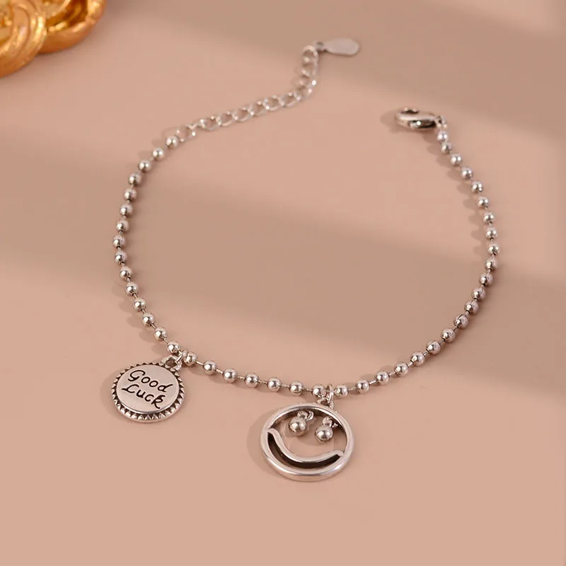 

925 Stamp Silver Color Smiling Face Bracelets For Women Bead Chains Charms Bracelets On Hand Designer Luxury Jewelry Gift Female