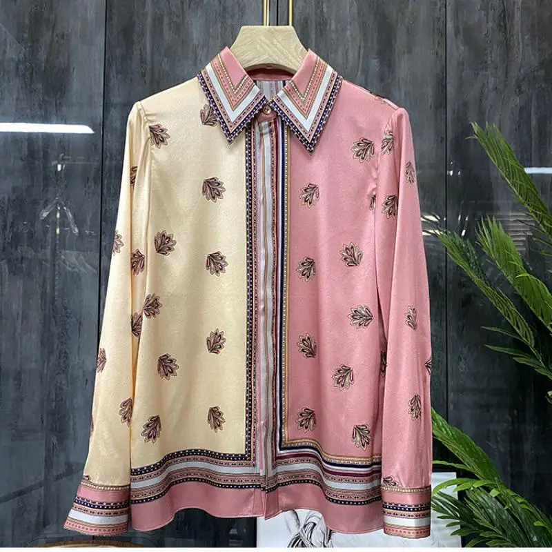 

Vintage Floral Elgant Women Blouses Spring Pink Color Button Up Casual Streetwear Chic Lapel Korean Fashion 2Xl Tops