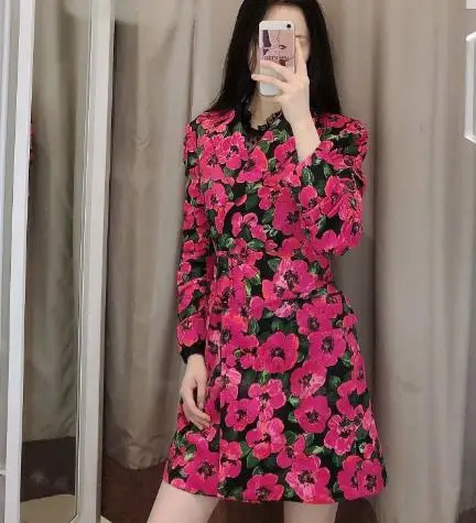 2023 Fashion Casual Blazer Ladies Full Sleeve Floral Pattern Lapel Slim Waist Retro Rose Red Printed Clothing