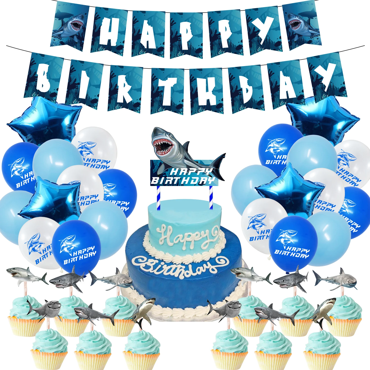 

SURSURPIRSE Cartoon Shark Party Decoration Confetti Latex Balloon Set HAPPY BIRTHDAY Banner Cake Topper 1st Birthday Supplies