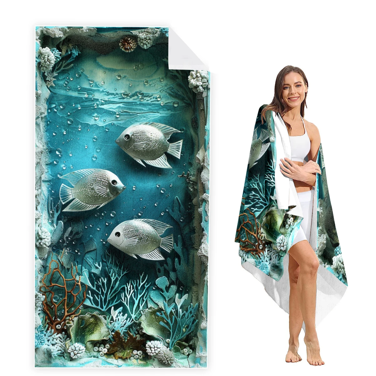 Пляжное полотенце в стиле рыб большого размера очень Впитывающее пляжное из