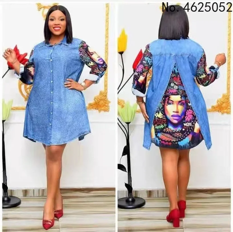 

Летние африканские платья для женщин, новинка 2022, Дашики, джинсовое платье с принтом в стиле пэчворк, африканская одежда, Женская повседневн...